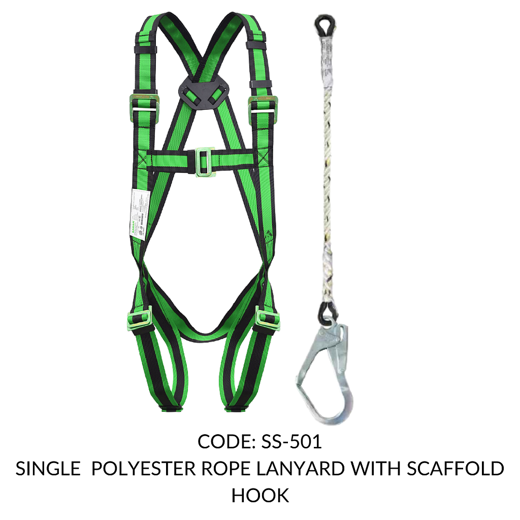 FULL BODY HARNESS FOR BASIC FALL ARREST CLASS A WITH 1.8M SINGLE POLYESTER ROPE LANYARD WITH SCAFFOLD HOOK