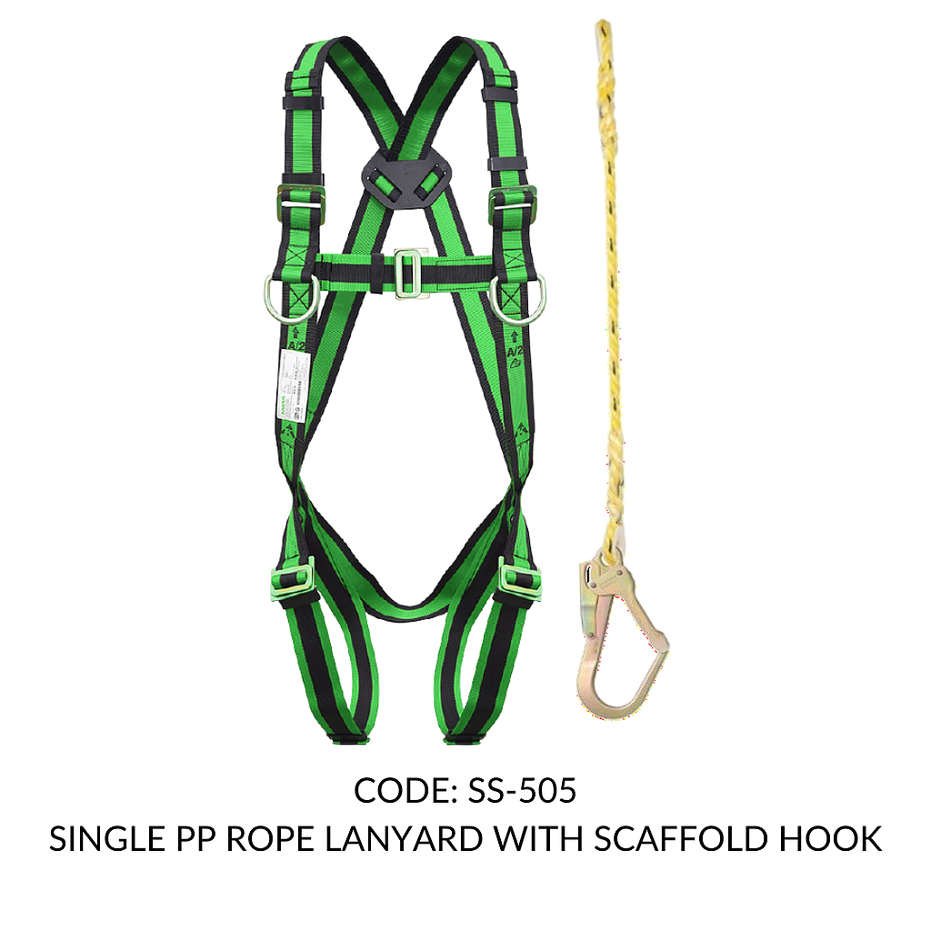 FULL BODY HARNESS FOR LADDER/ TOWER CLIMBING CLASS L WITH D RING AT CHEST LEVEL WITH 1.8M SINGLE PP ROPE LANYARD WITH SCAFFOLD HOOK