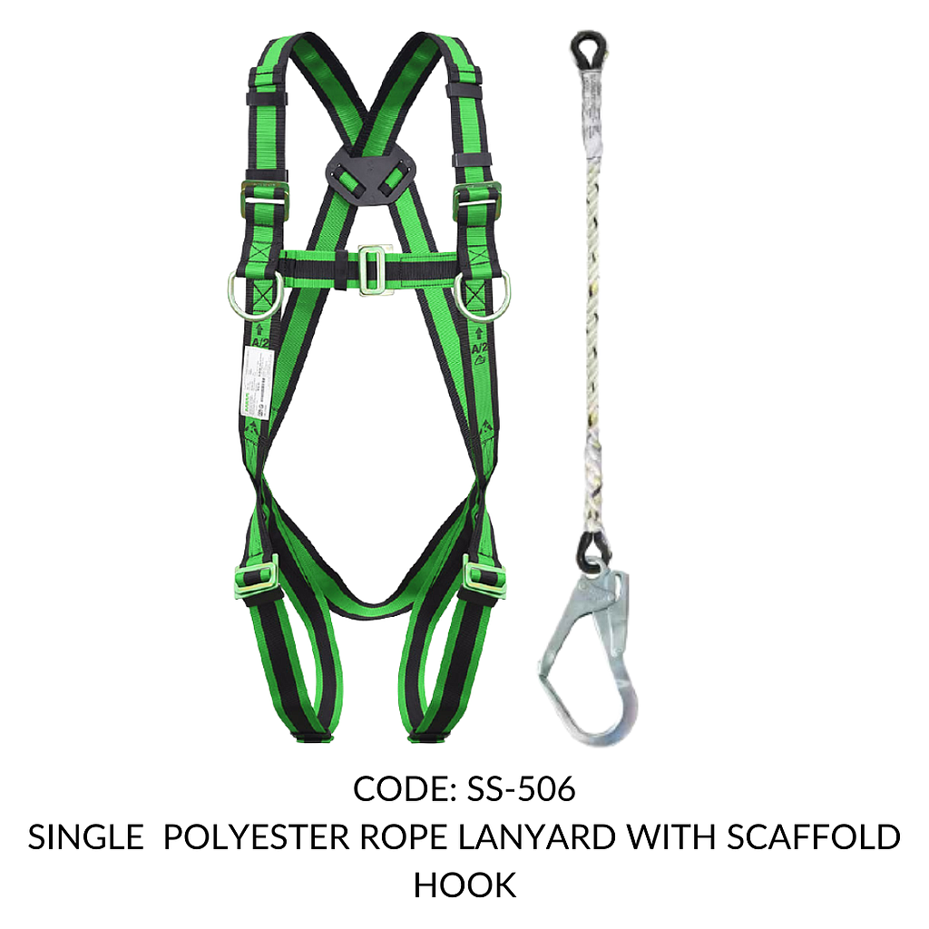 FULL BODY HARNESS FOR LADDER/ TOWER CLIMBING CLASS L WITH D RING AT CHEST LEVEL WITH 1.8M SINGLE POLYESTER ROPE LANYARD WITH SCAFFOLD HOOK