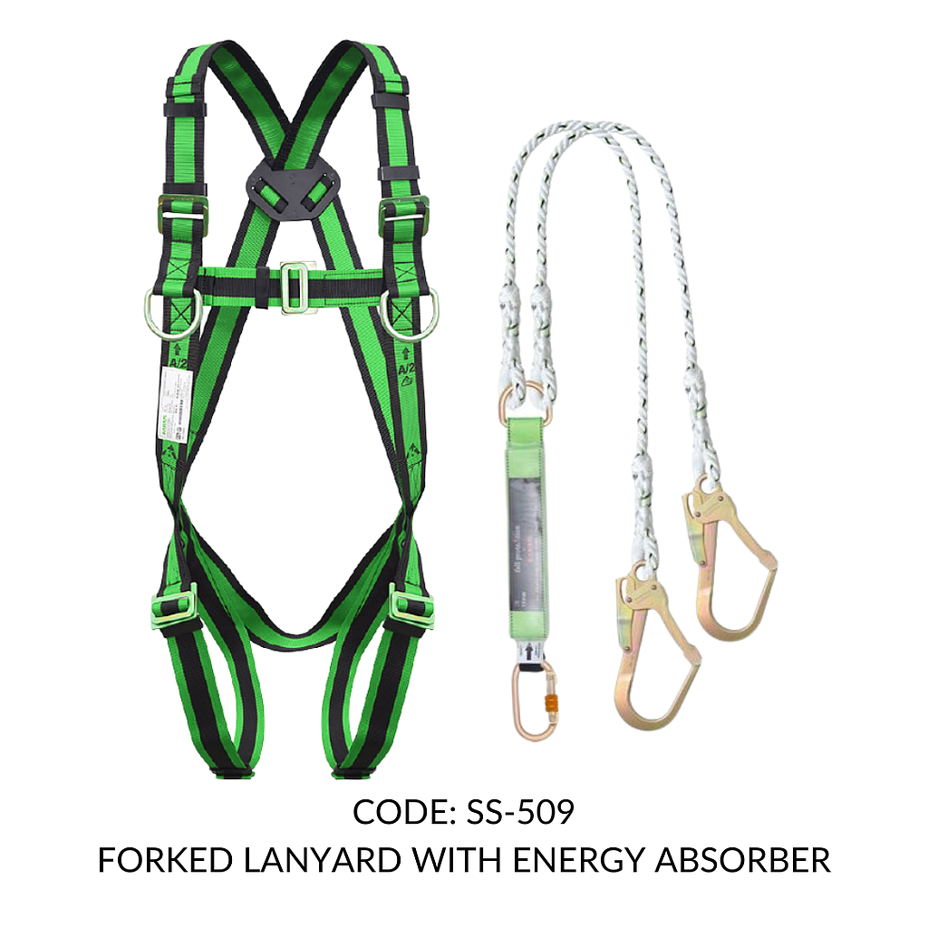 FULL BODY HARNESS FOR LADDER/ TOWER CLIMBING CLASS L WITH D RING AT CHEST LEVEL WITH 1.8M FORKED LANYARD WITH ENERGY ABSORBER