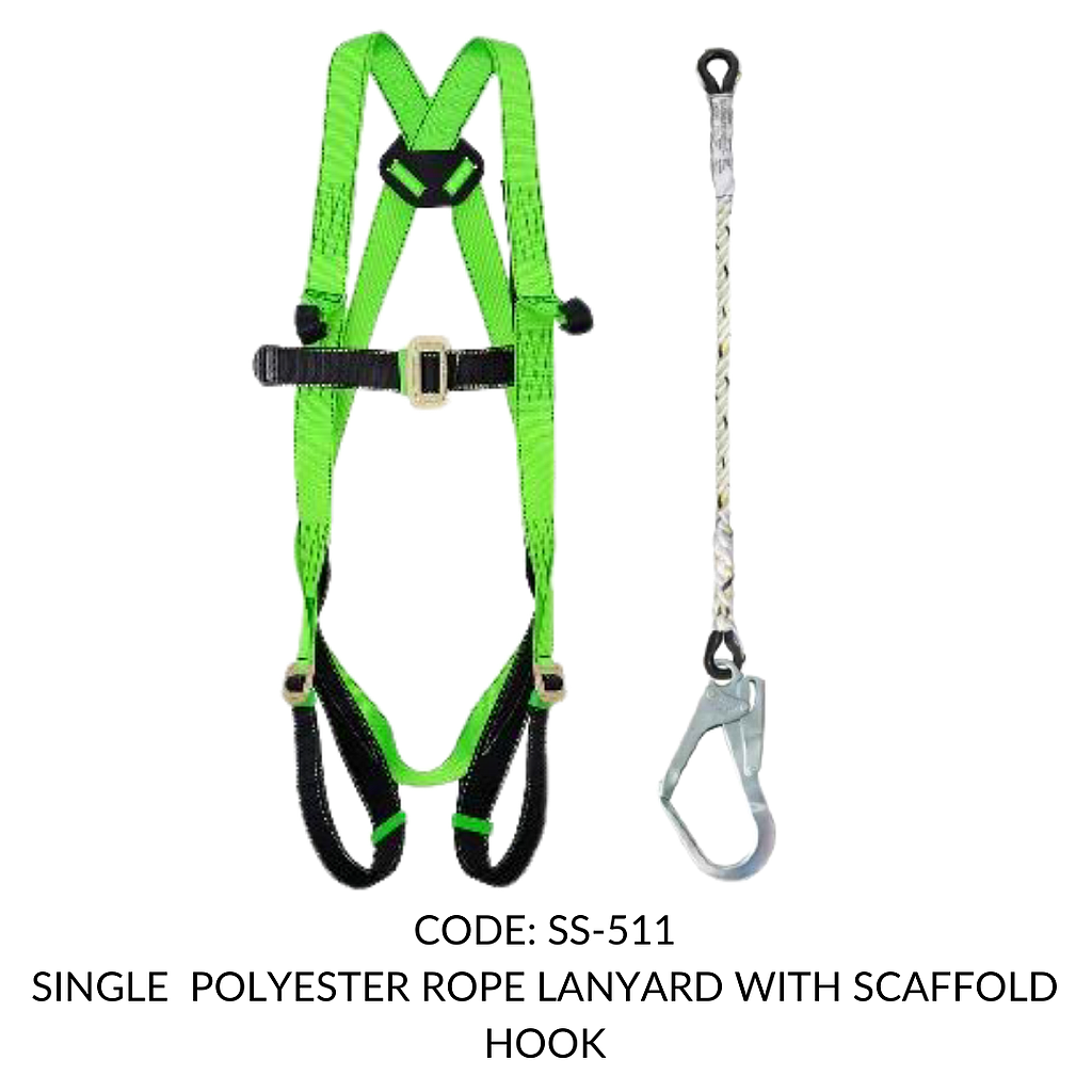 FULL BODY HARNESS FOR LADDER /TOWER CLASS L WITH TEXTILE LOOP AT CHEST LEVEL WITH 1.8M SINGLE POLYESTER ROPE LANYARD WITH SCAFFOLD HOOK