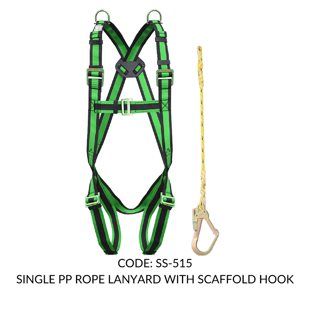 FULL BODY HARNESS FOR CONFINED SPACE ENTRY/ EXITCLIMBING CLASS E WITH 2 D RING AT SHOULDER LEVEL WITH 1.8M SINGLE PP ROPE LANYARD WITH SCAFFOLD HOOK