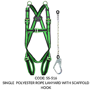 FULL BODY HARNESS FOR CONFINED SPACE ENTRY/ EXITCLIMBING CLASS E WITH 2 D RING AT SHOULDER LEVEL WITH 1.8M SINGLE POLYESTER ROPE LANYARD WITH SCAFFOLD HOOK
