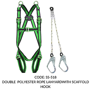FULL BODY HARNESS FOR CONFINED SPACE ENTRY/ EXITCLIMBING CLASS E WITH 2 D RING AT SHOULDER LEVEL WITH 1.8M DOUBLE POLYESTER ROPE LANYARD WITH SCAFFOLD HOOK