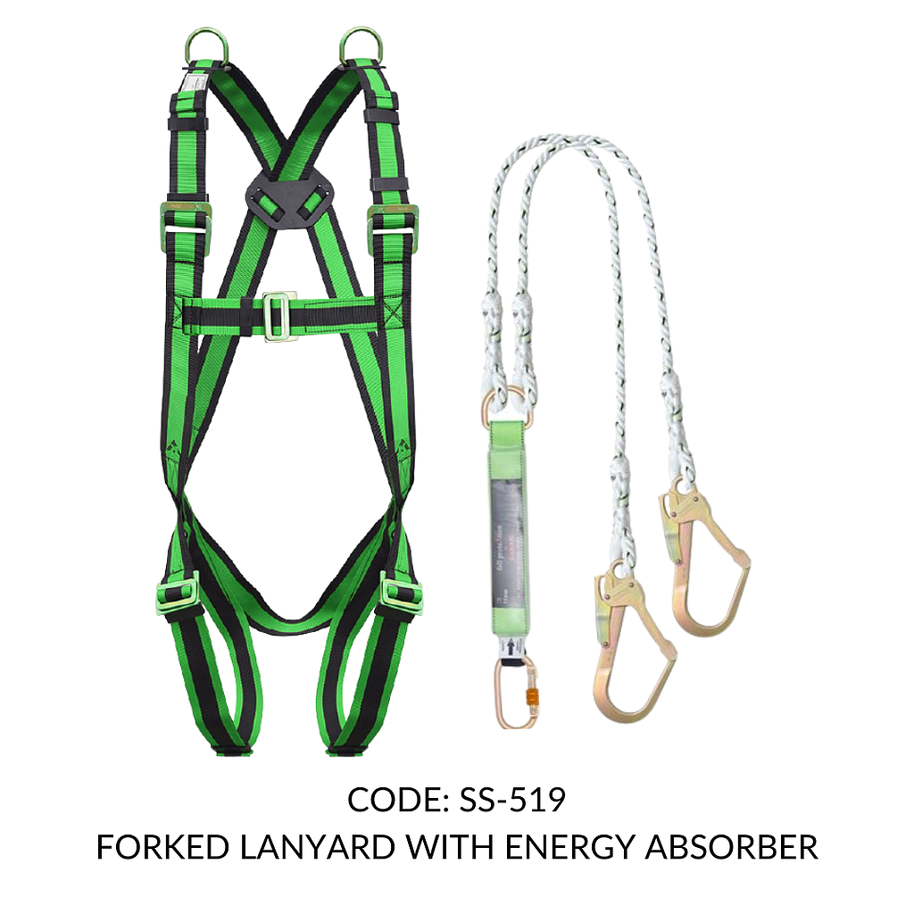 FULL BODY HARNESS FOR CONFINED SPACE ENTRY/ EXITCLIMBING CLASS E WITH 2 D RING AT SHOULDER LEVEL WITH 1.8M FORKED LANYARD WITH ENERGY ABSORBER (FSE-FRL-351)