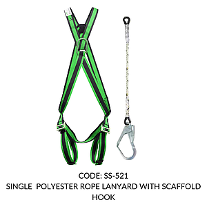 FULL BODY HARNESS FOR WITH STERNAL D RING FOR CONTROLLED DESCENT FROM HEIGHT CLASS D WITH STERNAL D RING AT FRONT WITH 1.8M SINGLE POLYESTER ROPE LANYARD WITH SCAFFOLD HOOK