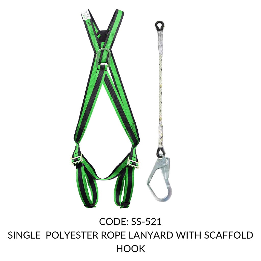 FULL BODY HARNESS FOR WITH STERNAL D RING FOR CONTROLLED DESCENT FROM HEIGHT CLASS D WITH STERNAL D RING AT FRONT WITH 1.8M SINGLE POLYESTER ROPE LANYARD WITH SCAFFOLD HOOK