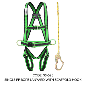 FULL BODY HARNESS FOR BASIC FALL ARREST CLASS P WITH 2 LATERAL  D RING WITH 1.8M SINGLE PP ROPE LANYARD WITH SCAFFOLD HOOK
