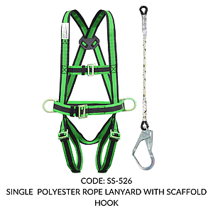 FULL BODY HARNESS FOR BASIC FALL ARREST CLASS P WITH 2 LATERAL  D RING WITH 1.8M SINGLE POLYESTER ROPE LANYARD WITH SCAFFOLD HOOK