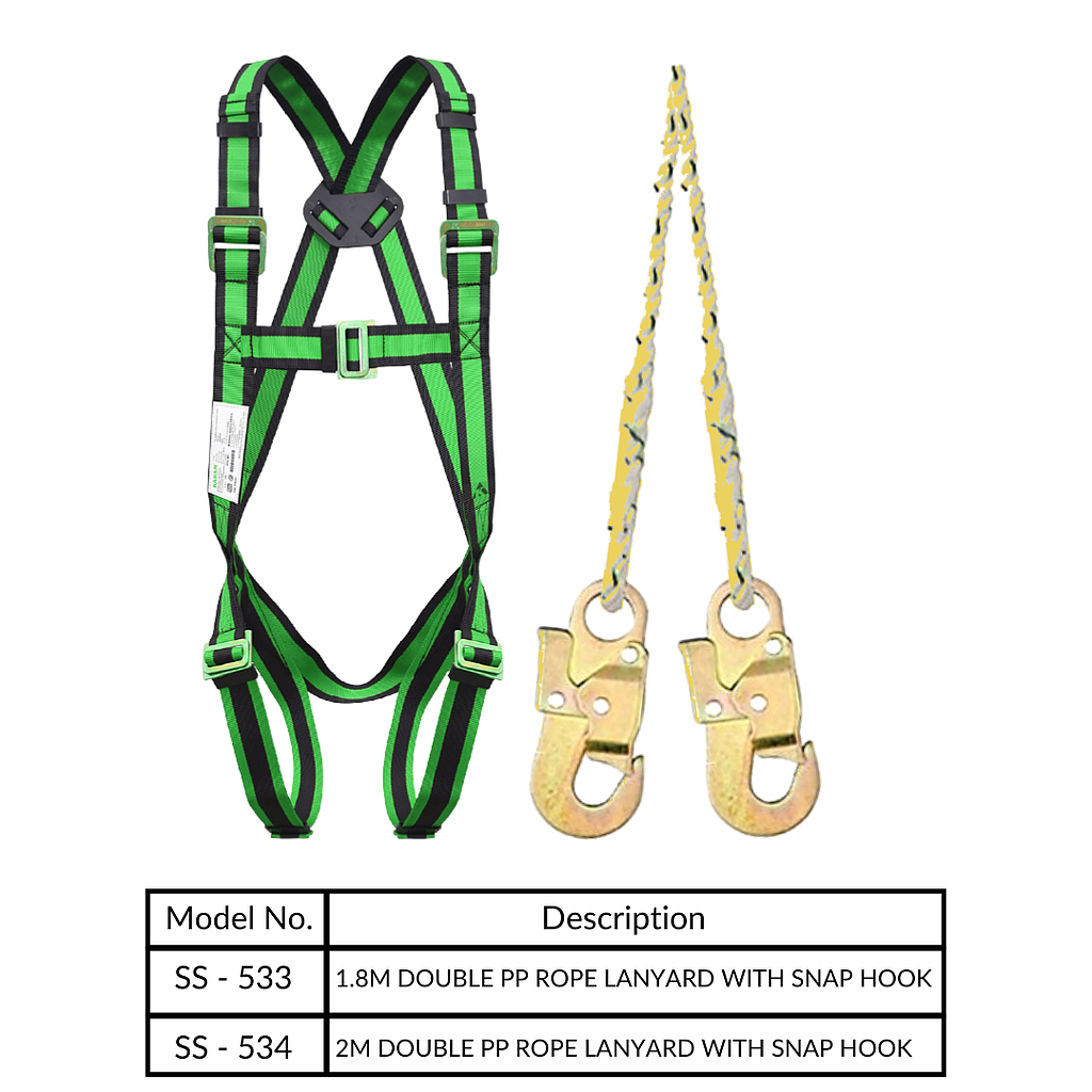 FULL BODY HARNESS FOR BASIC FALL ARREST CLASS A WITH 2M DOUBLE PP ROPE LANYARD WITH SNAP HOOK