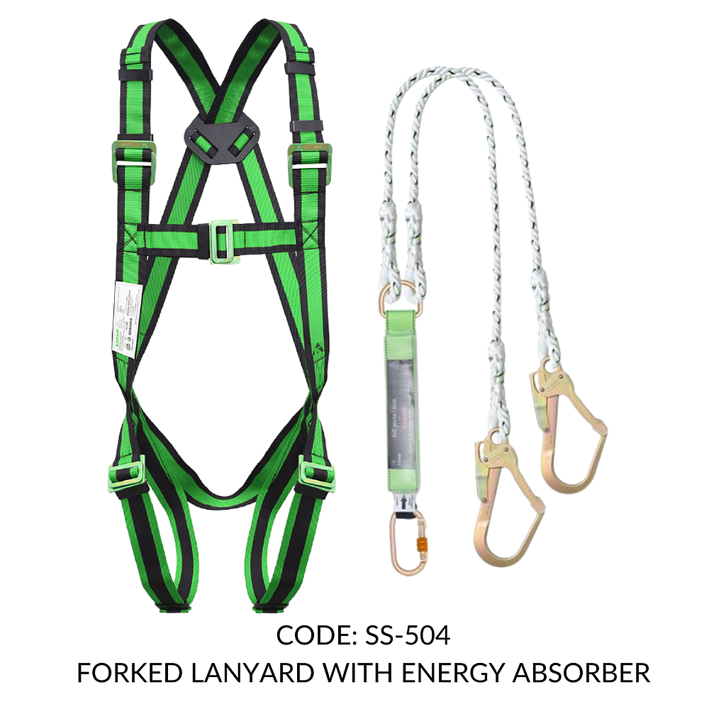 FULL BODY HARNESS CLASS A WITH 1.8M POLYAMIDE TWIN LANYARD WITH ENERGY ABSORBER & SCAFFOLD HOOK