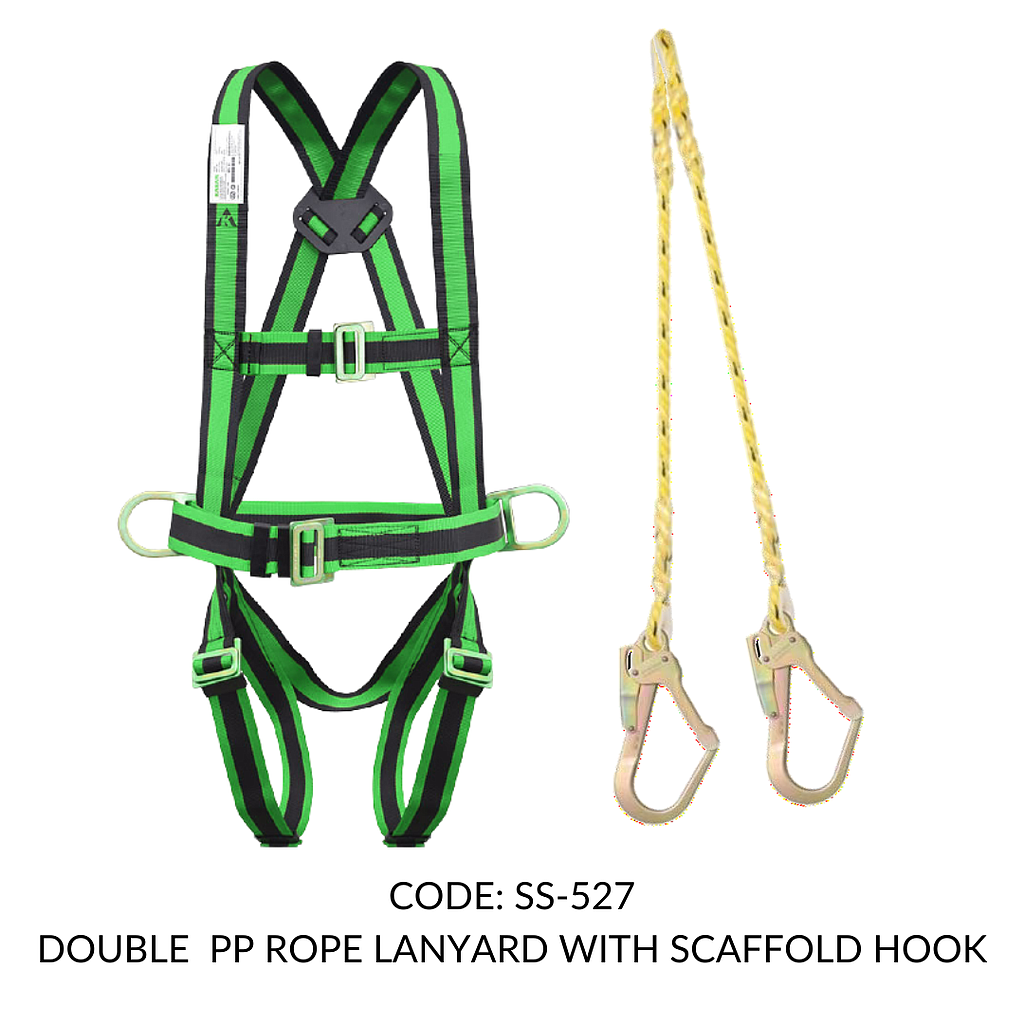 FULL BODY HARNESS FOR BASIC FALL ARREST CLASS P WITH 2 LATERAL  D RING WITH 1.8M DOUBLE PP ROPE LANYARD WITH SCAFFOLD HOOK