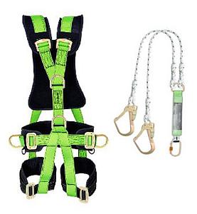 MULTIPURPOSE PADDED HARNESS WITH ONE STERNAL AND ONE BELLY D RINGS AND THIGH STRAPS WITH DETACHABLE DOBLE POLYAMIDE ROPE LANYARD WITH SCAFOLD HOOKS AND OTHER SIDE CARABINER