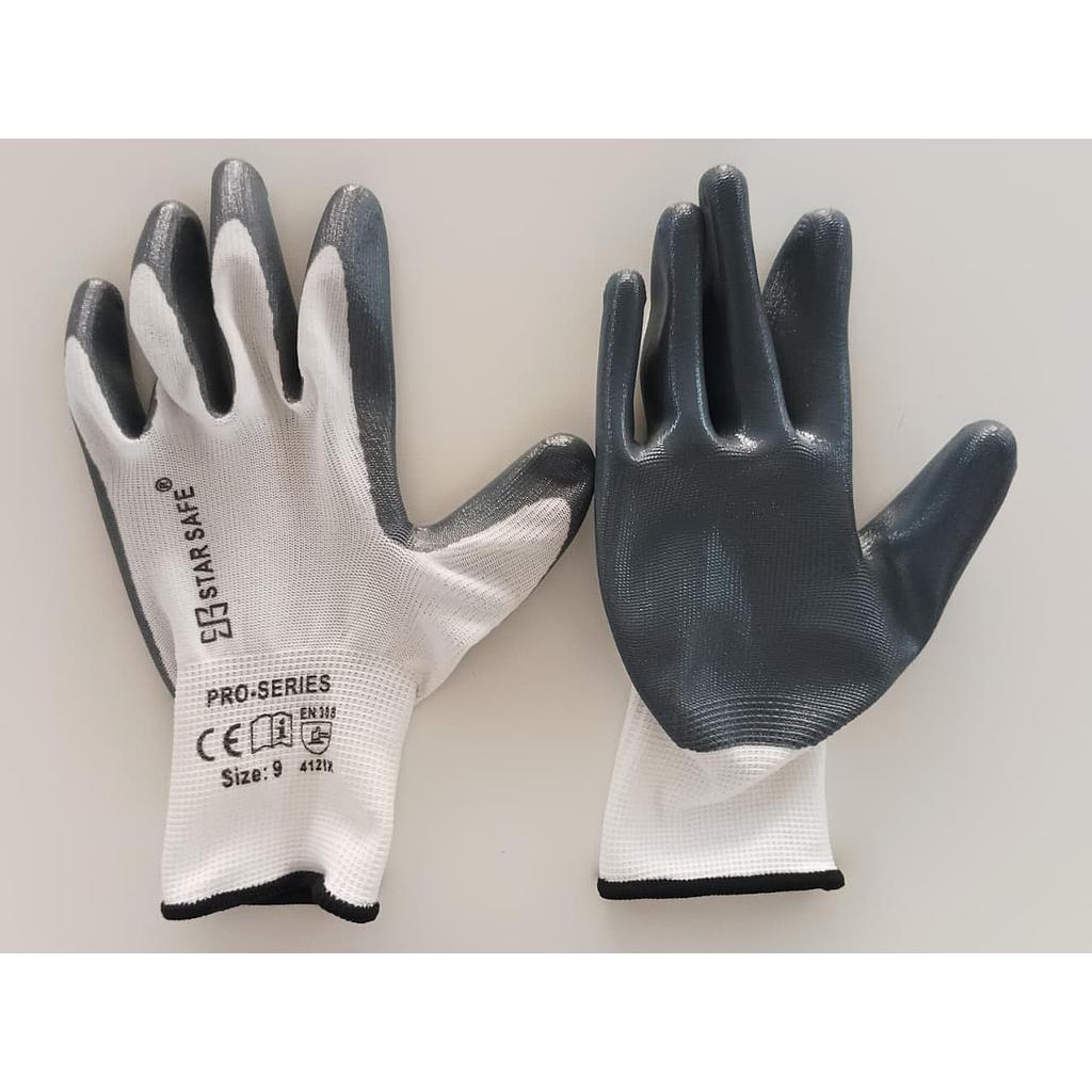 INDUSTRIAL NITRILE COATED GLOVES / GREY ON WHITE PRO SIZE 9